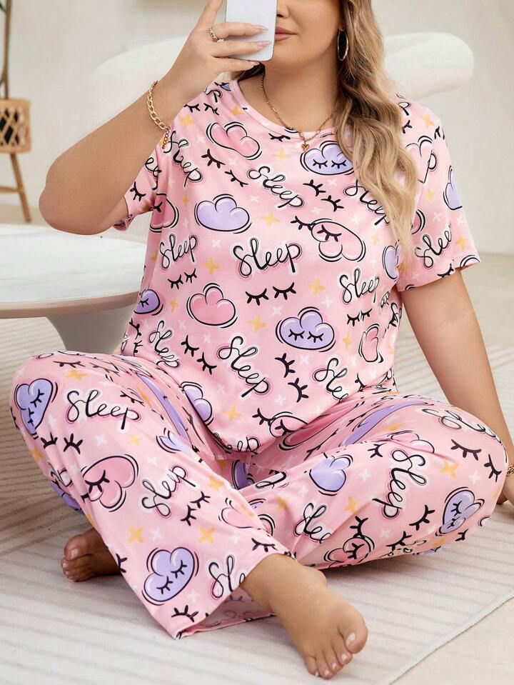 Women's Plus Size Pink Round Neck Cloud Print Pajama Set