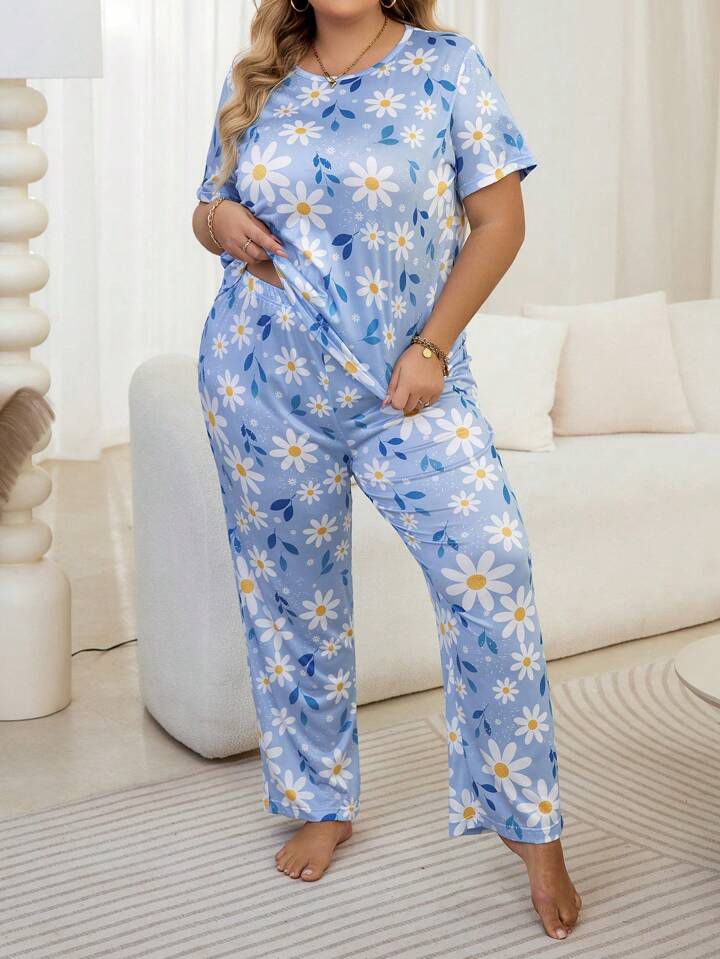 Women's Plus Size Blue Round Neck Pajama Set