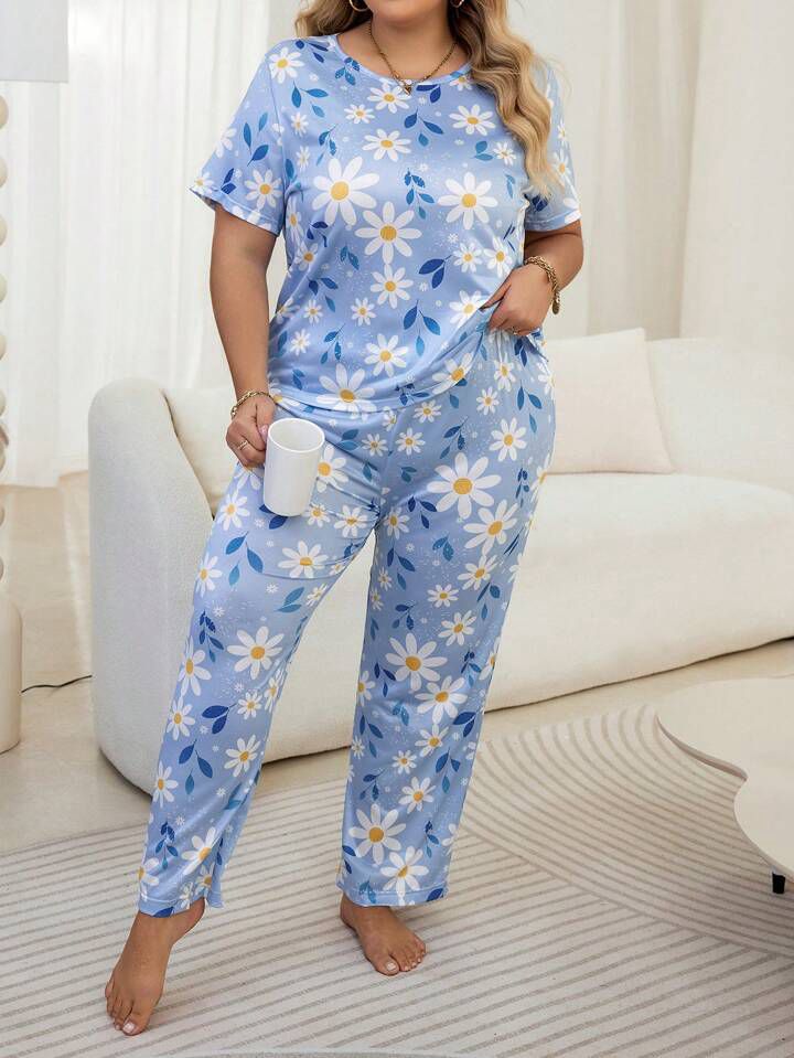 Women's Plus Size Blue Round Neck Pajama Set