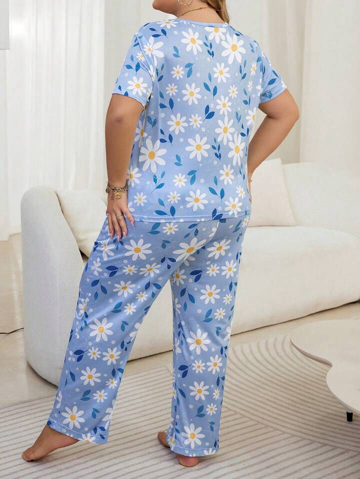 Women's Plus Size Blue Round Neck Pajama Set