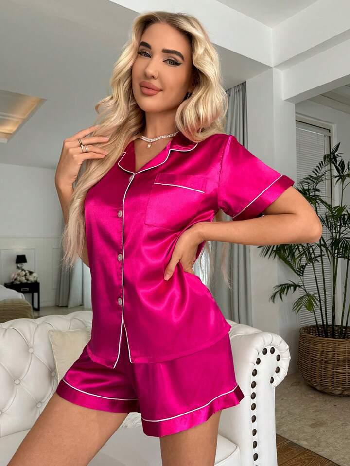 Women's Satin Plain/Solid Relaxed Night Suit Set of Top & Shorts Set