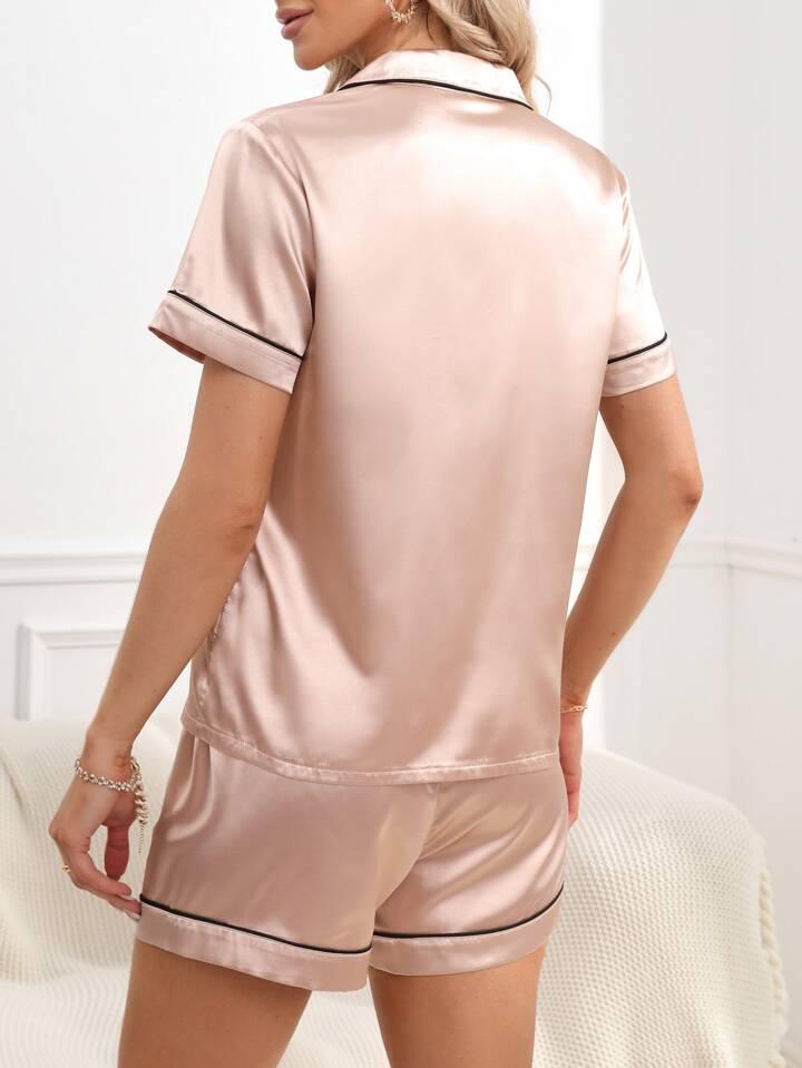 Women's Satin Plain/Solid Relaxed Night Suit Set of Top & Shorts Set