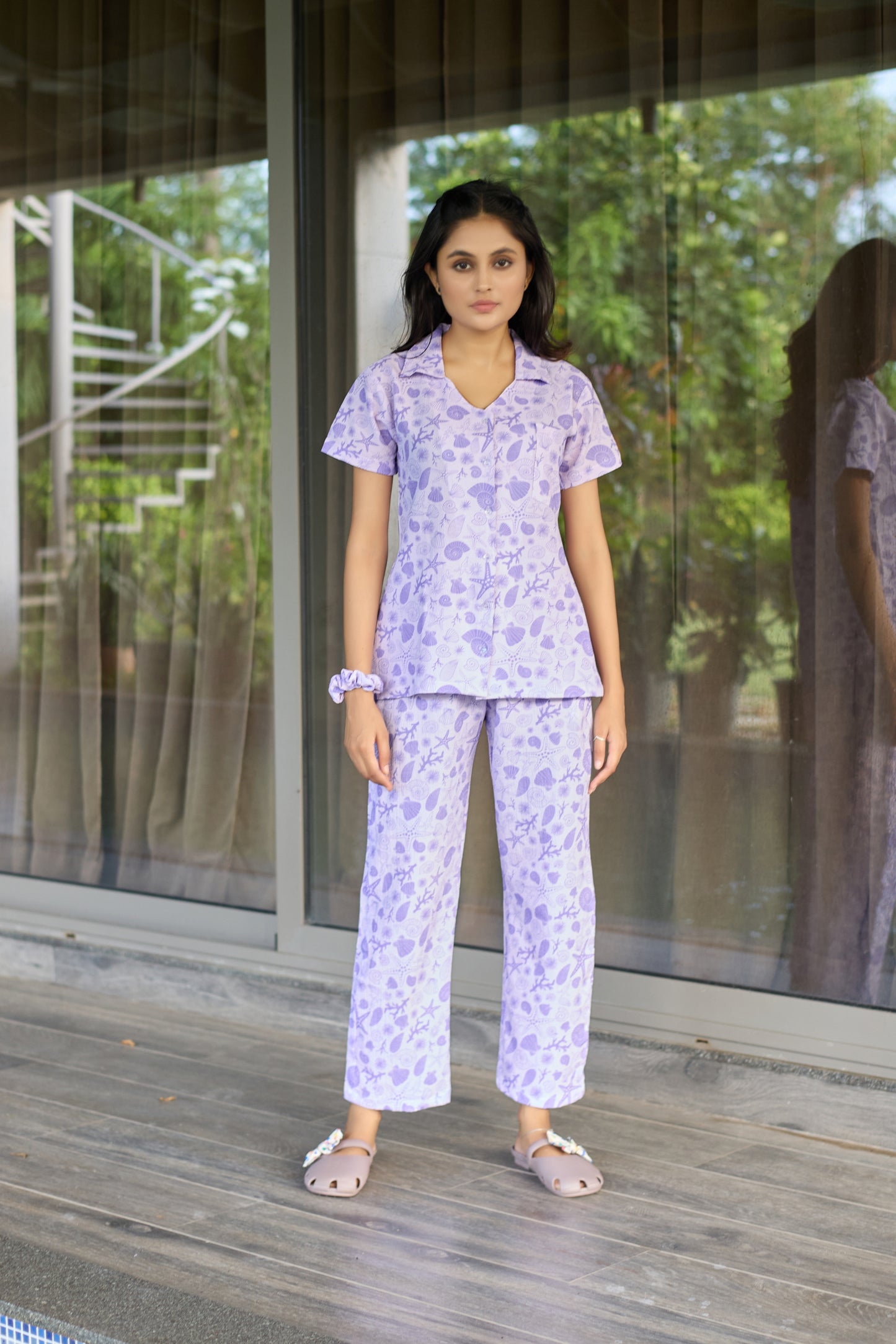 Lavender Seashell Print Women’s Nightwear PJ Set