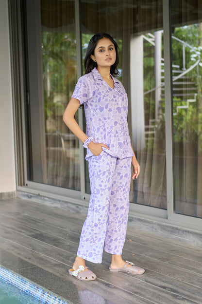 Lavender Seashell Print Women’s Nightwear PJ Set