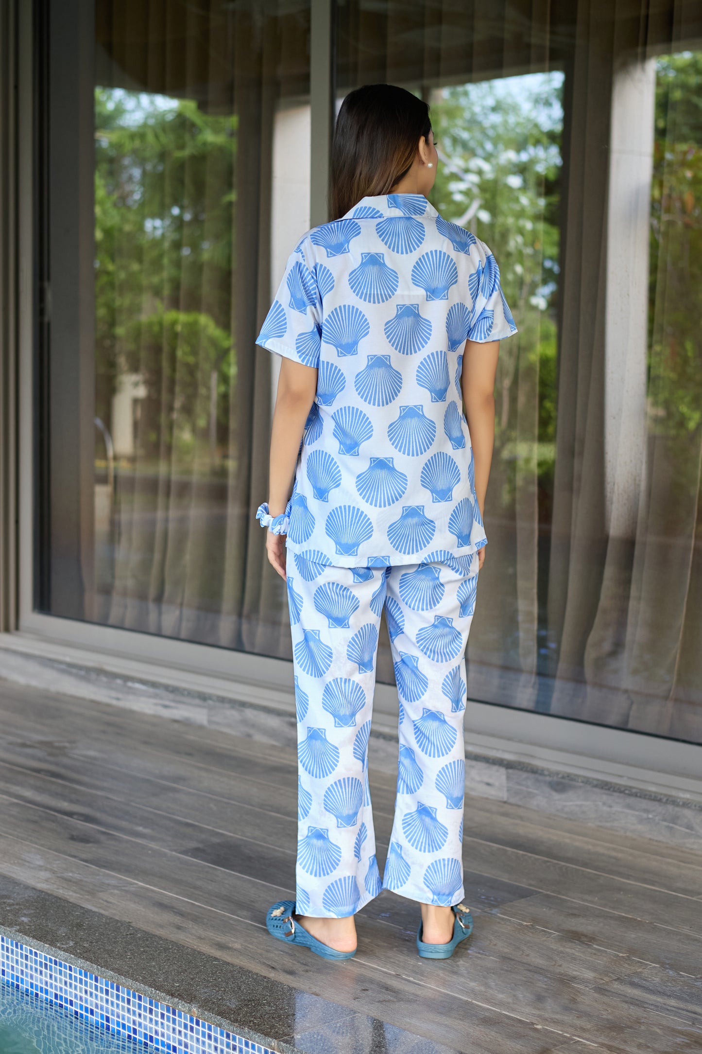 Blue Seashell Print Women’s Nightwear PJ Set