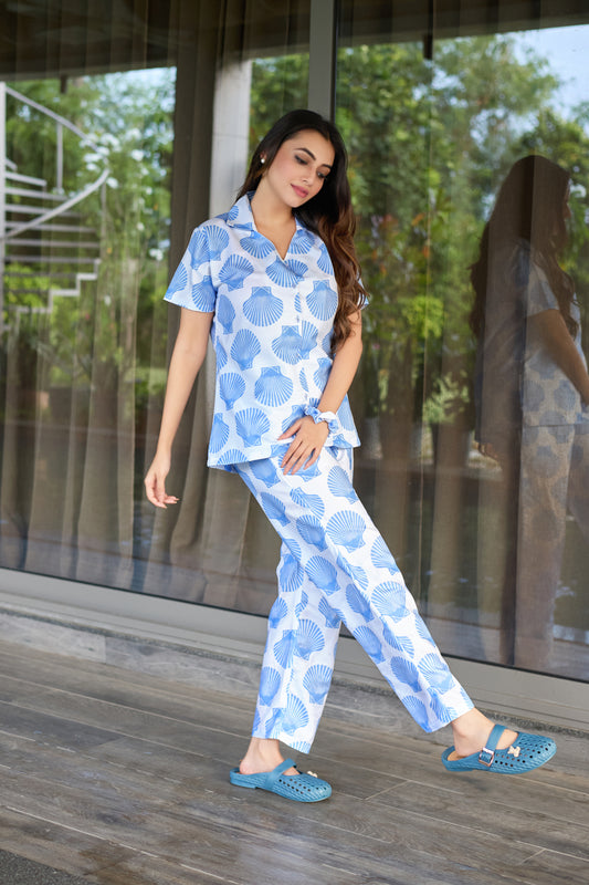 Blue Seashell Print Women’s Nightwear PJ Set