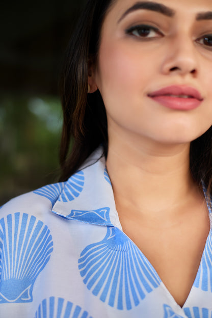 Blue Seashell Print Women’s Nightwear PJ Set