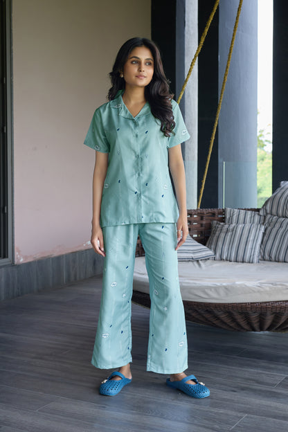 Mint Green Printed Women’s Nightwear Set | Short Sleeve Shirt & Pyjama with Pocket