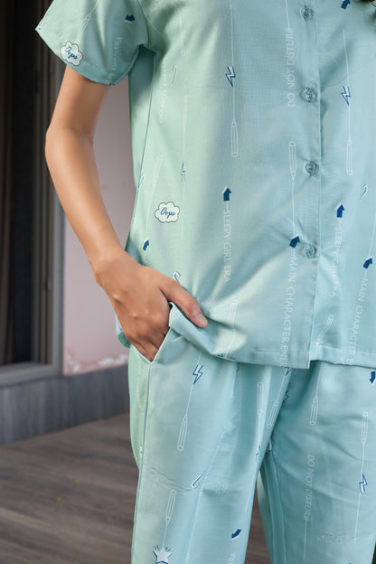 Mint Green Printed Women’s Nightwear Set | Short Sleeve Shirt & Pyjama with Pocket