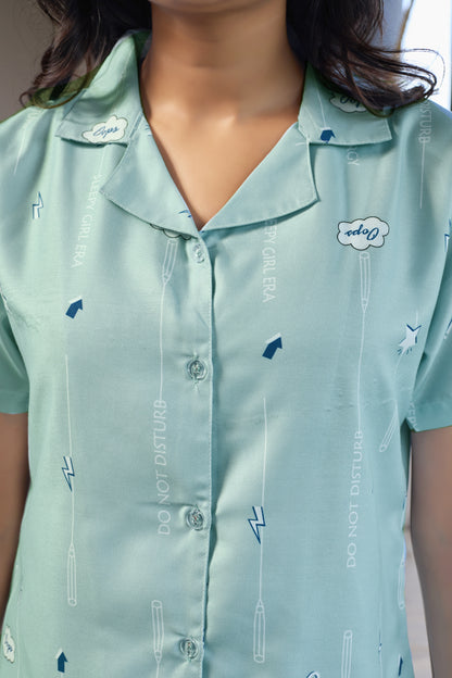 Mint Green Printed Women’s Nightwear Set | Short Sleeve Shirt & Pyjama with Pocket