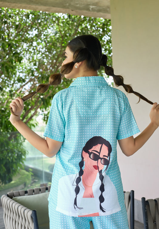Aqua Blue PJ Set with Polka Dots & Back Print
