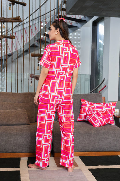 Trendy Geometric Print Nightwear – Pink PJ Set for Women