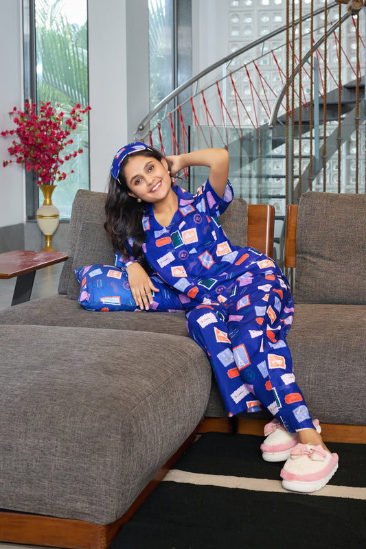Stylish Blue Printed Nightwear Set For Sweet Night