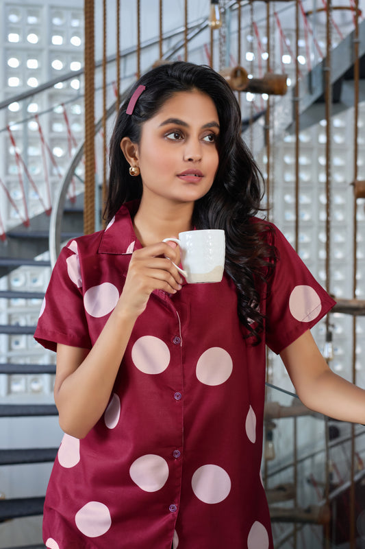 Wine Red Polka Dot Nightsuit Set for Women