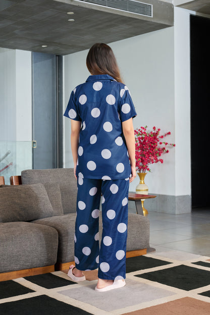 Navy Blue Polka Dot  Night Suit for Women – Comfortable Lounge & Sleepwear Set