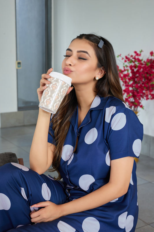 Navy Blue Polka Dot  Night Suit for Women – Comfortable Lounge & Sleepwear Set