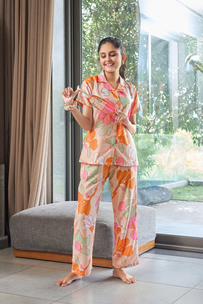 Peach Blossom Printed  Night Suit for Women