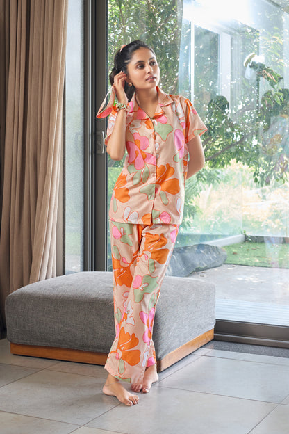 Peach Blossom Printed  Night Suit for Women