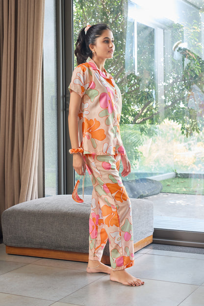 Peach Blossom Printed  Night Suit for Women
