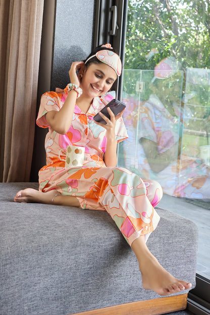 Peach Blossom Printed  Night Suit for Women