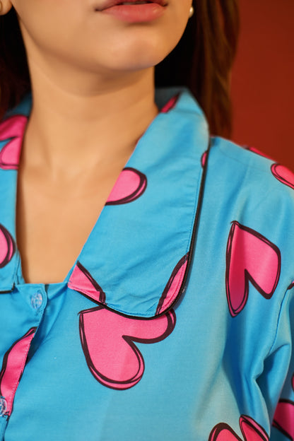 Women's Romantic Heart Print  PJ Set with Head Wrap