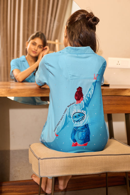 Light-Blue Bliss Rayon Back-Print Lounge PJ set