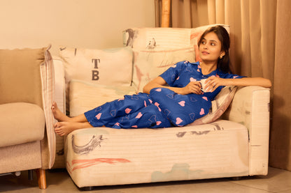 Stylish Women's Blue Heart Print Night Suit