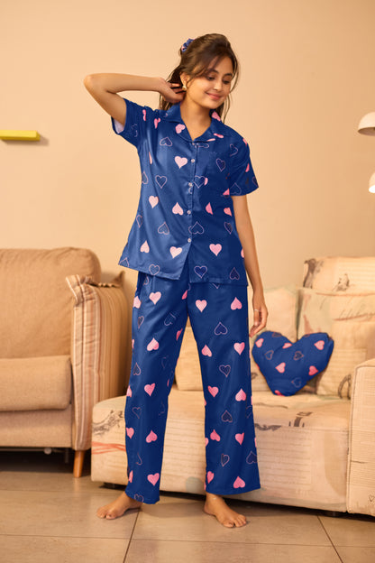 Stylish Women's Blue Heart Print Night Suit