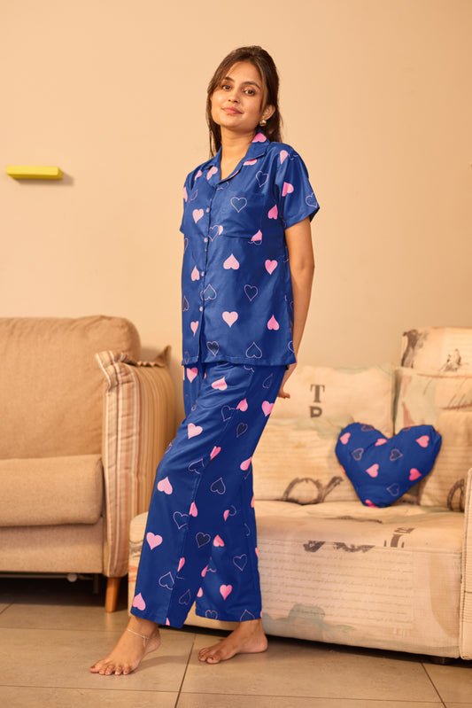 Stylish Women's Blue Heart Print Night Suit