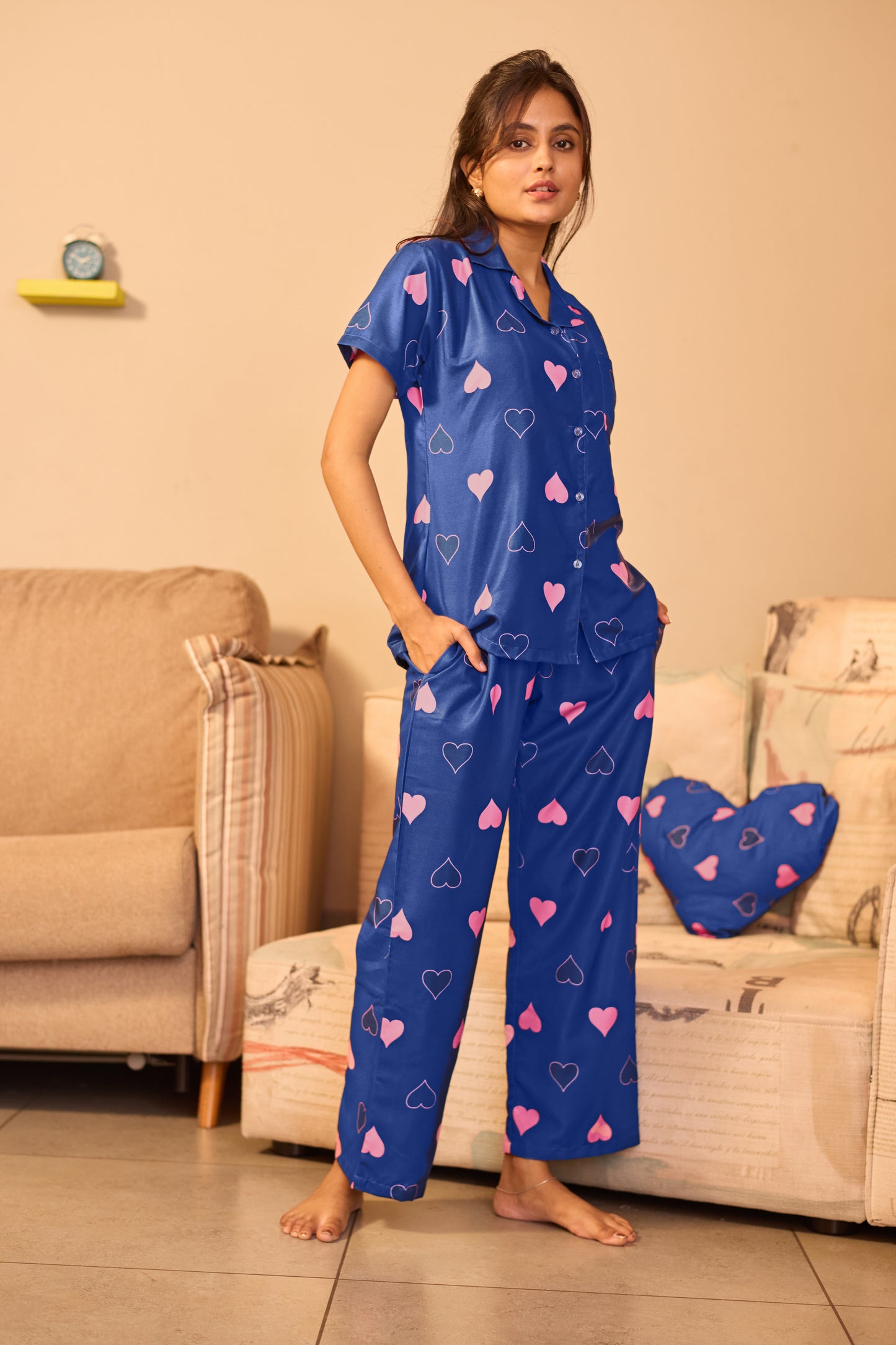 Stylish Women's Blue Heart Print Night Suit