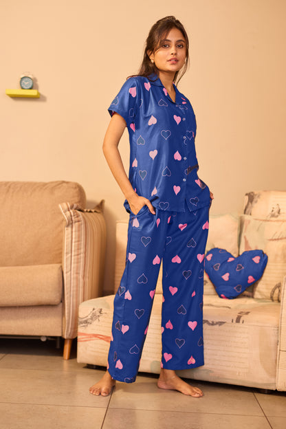 Stylish Women's Blue Heart Print Night Suit