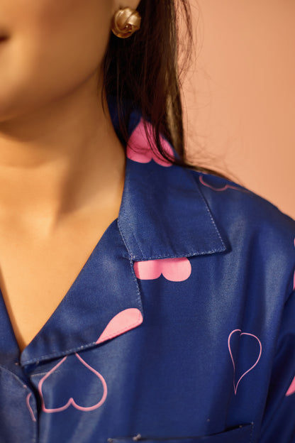 Stylish Women's Blue Heart Print Night Suit