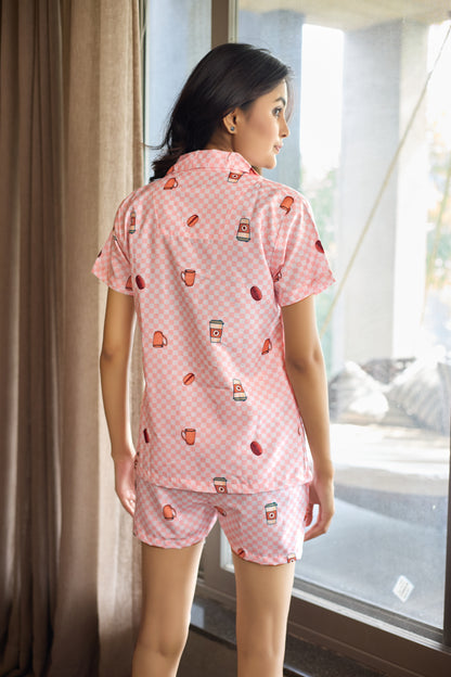 Pink Coffee Vibes Rayon Short-Set for Women