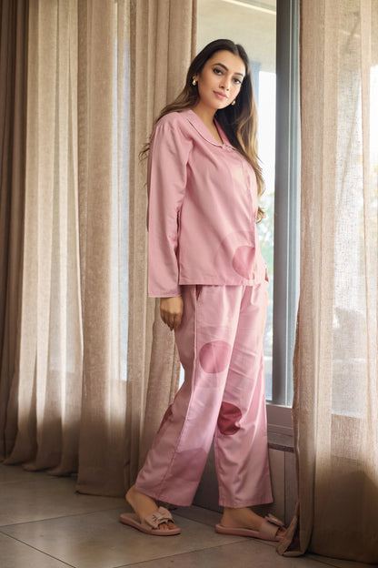 Blush Pink Polka Comfort Nightsuit Set | Women’s Rayon Nightwear Pajamas