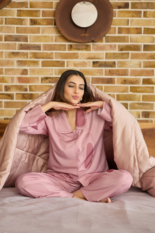 Blush Pink Polka Comfort Nightsuit Set | Women’s Rayon Nightwear Pajamas