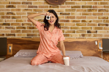 Peach Grid Printed Rayon Nightsuit for Women | Soft Button-Down Sleepwear Set