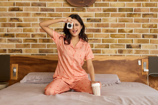 Peach Grid Printed Rayon Nightsuit for Women | Soft Button-Down Sleepwear Set