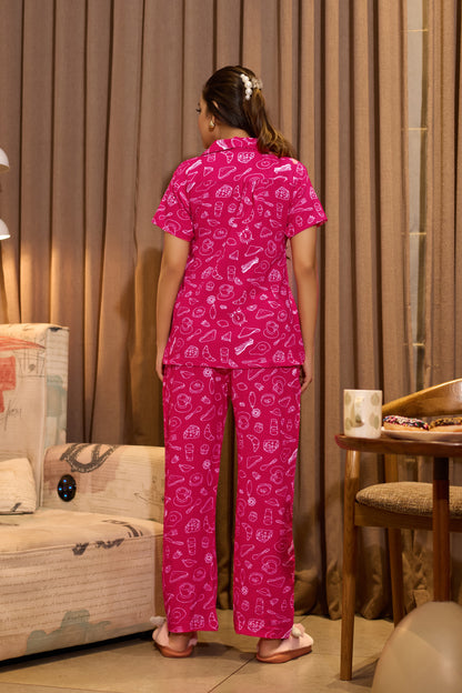 Pink Printed Bubble Crepe Night Suit for Women