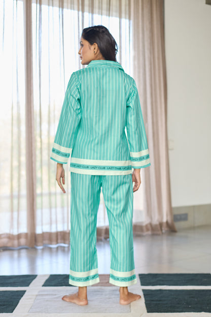 Aqua Green Striped Women’s Nightsuit – Premium Jio Fabric Sleepwear