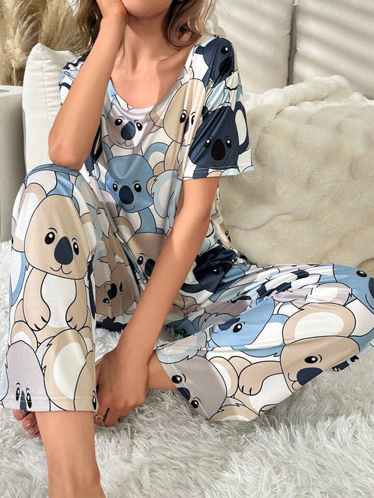 Animal Graphic Contrast Binding Pajama Set