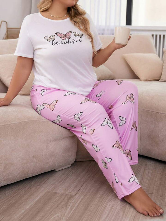 Butterfly Graphic Printed T-shirt And Long Pajama Set