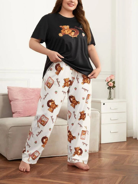 Honey Panda Cartoon Graphic Printed T-shirt And Long Pajama Set
