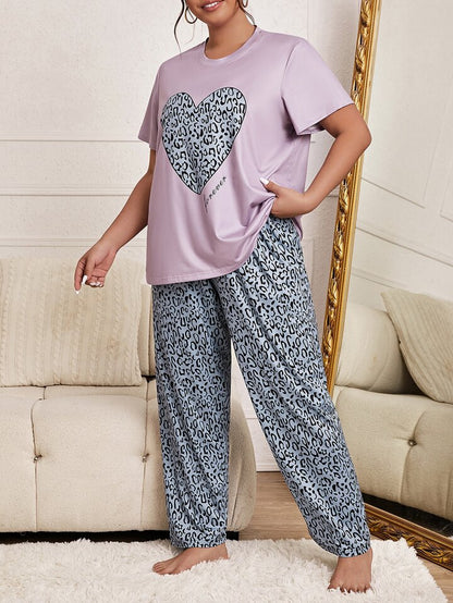 Plus Leopard & Heart Print Pyjama Set