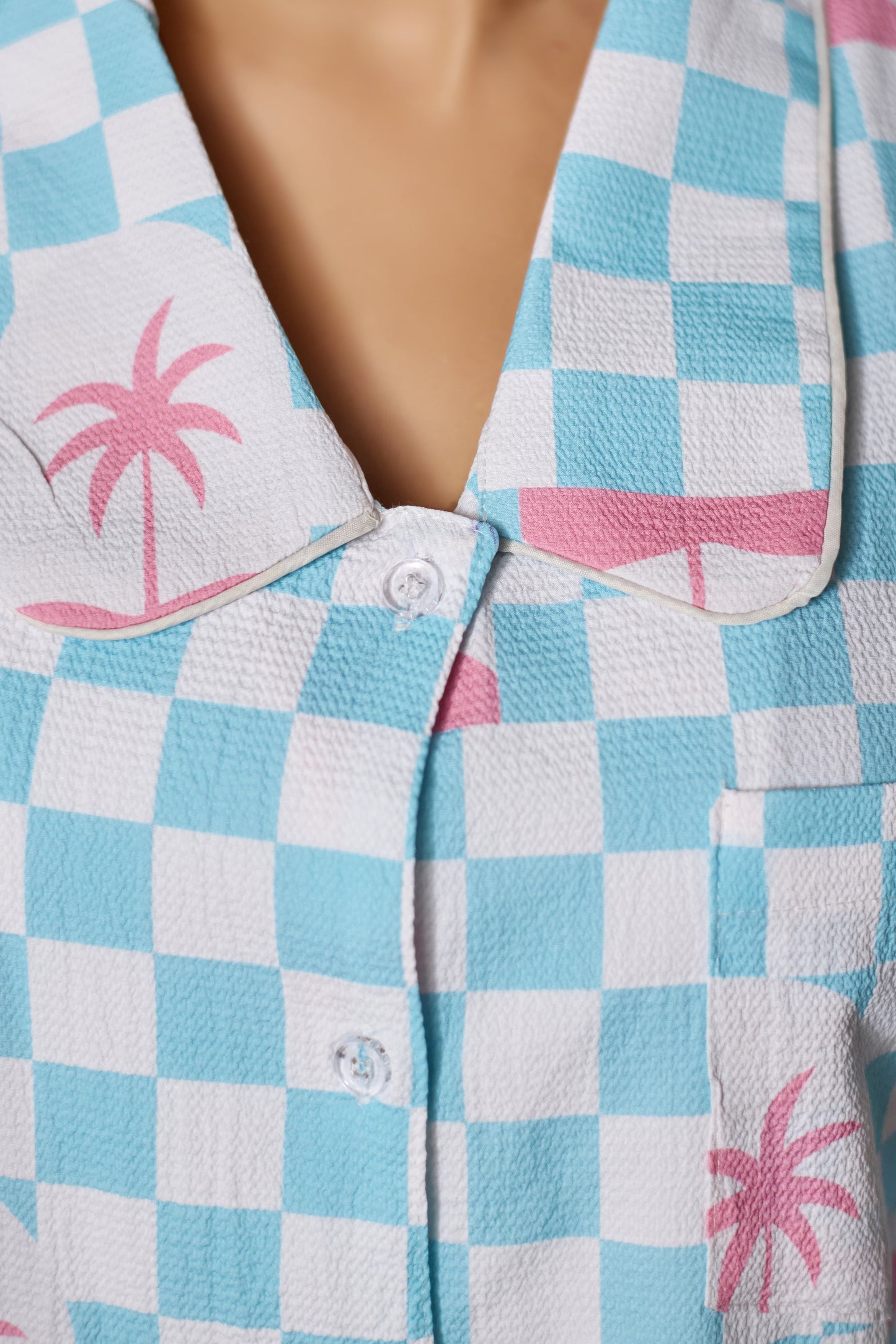 Women’s Nightwear Set in Bubble Fabric – Blue Checkered with Palm Print