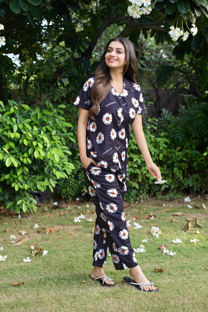 Black Daisy Print Women’s Nightwear PJ Set