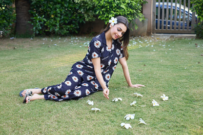 Black Daisy Print Women’s Nightwear PJ Set
