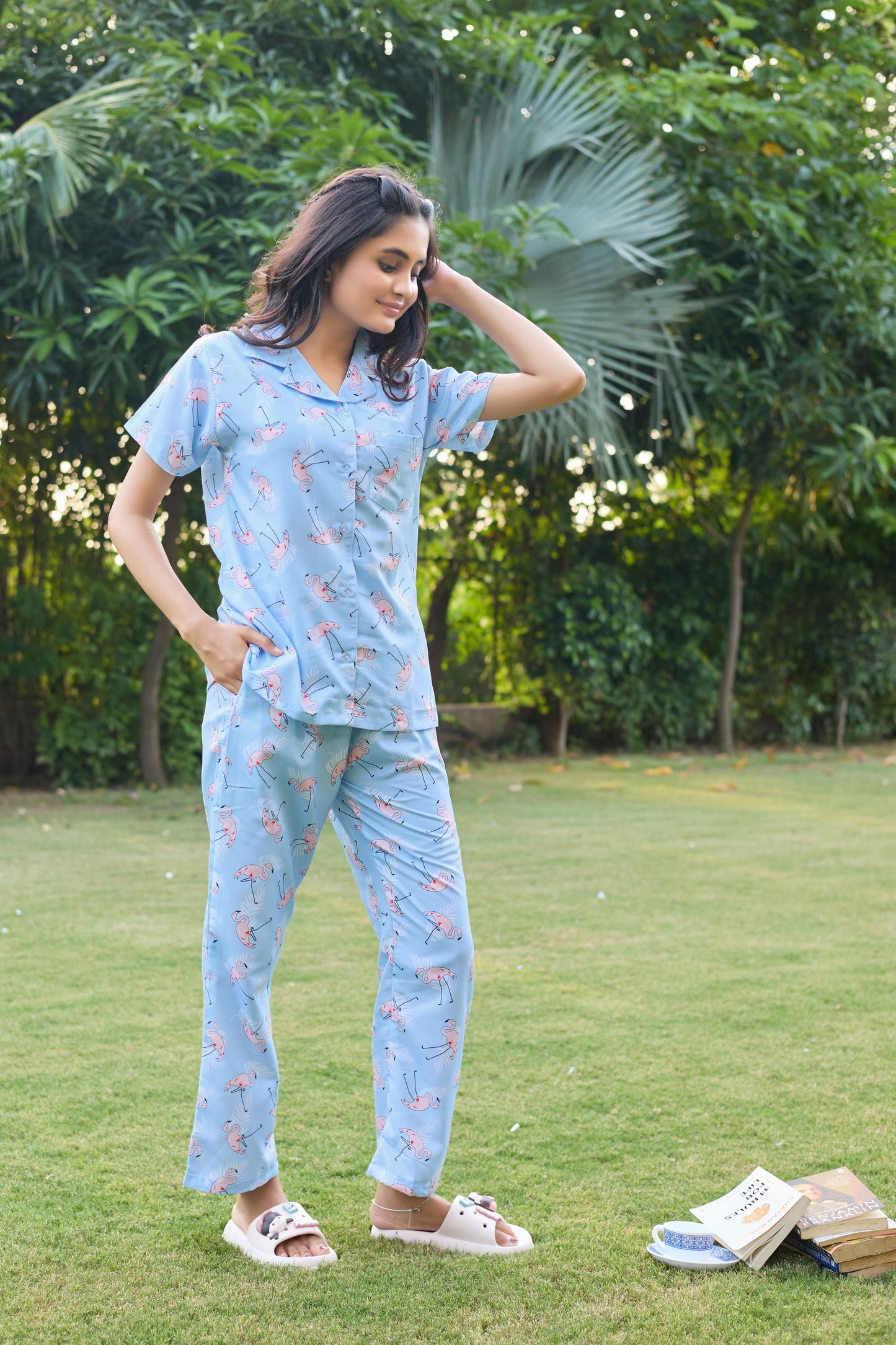 Light Blue Flamingo Print Women’s Nightwear PJ Set