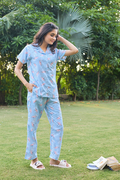 Light Blue Flamingo Print Women’s Nightwear PJ Set