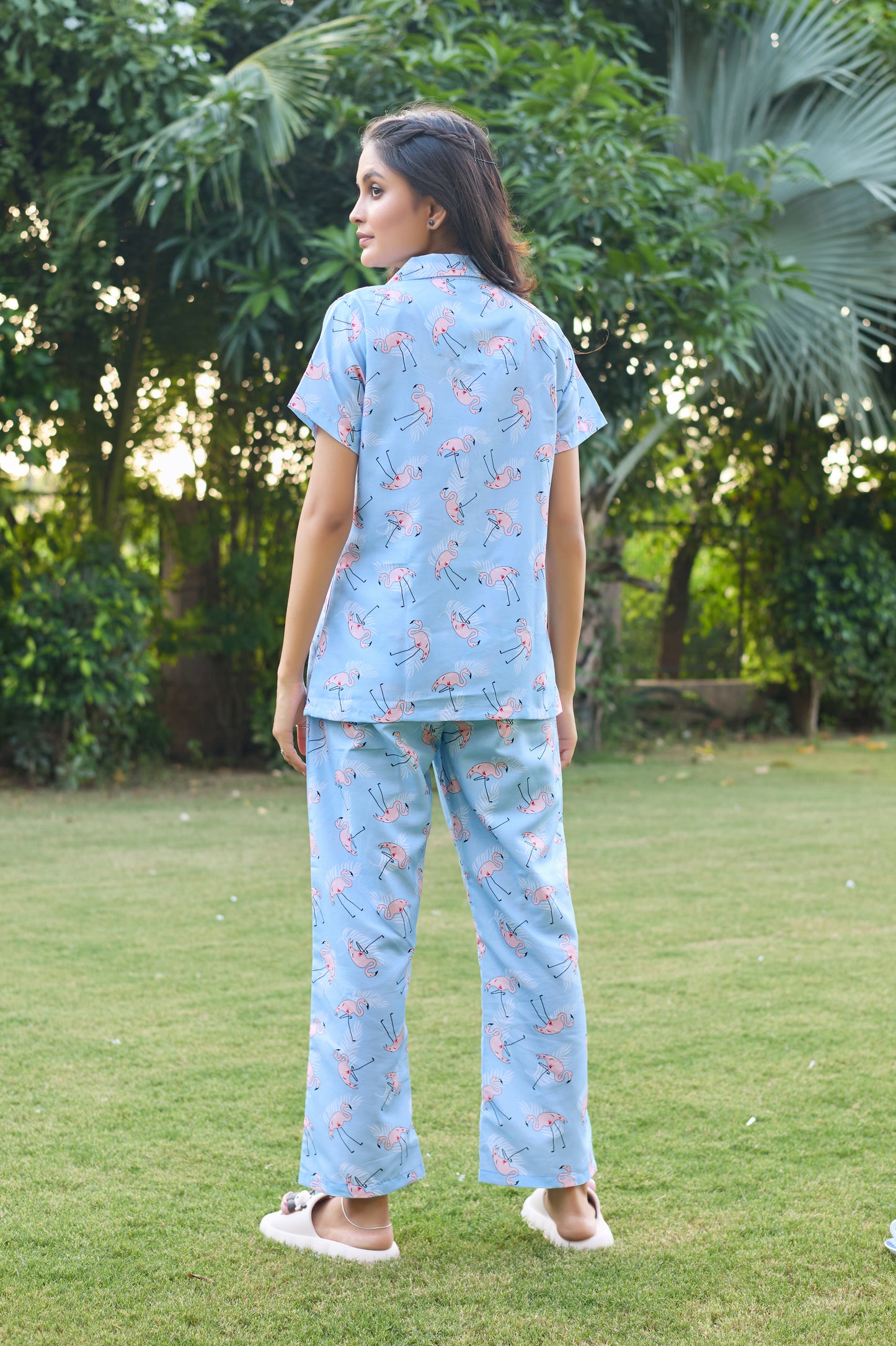 Light Blue Flamingo Print Women’s Nightwear PJ Set