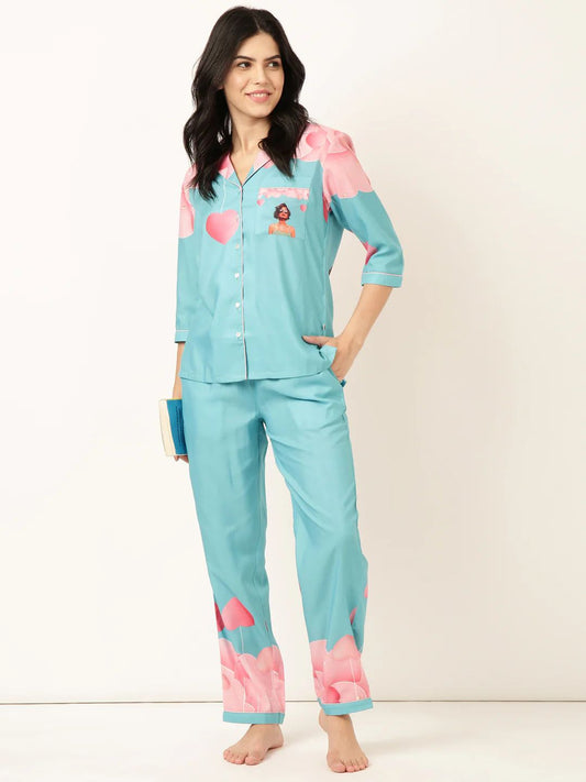 Woman Ocean Blue Dil Ruba Back printed Night Suit